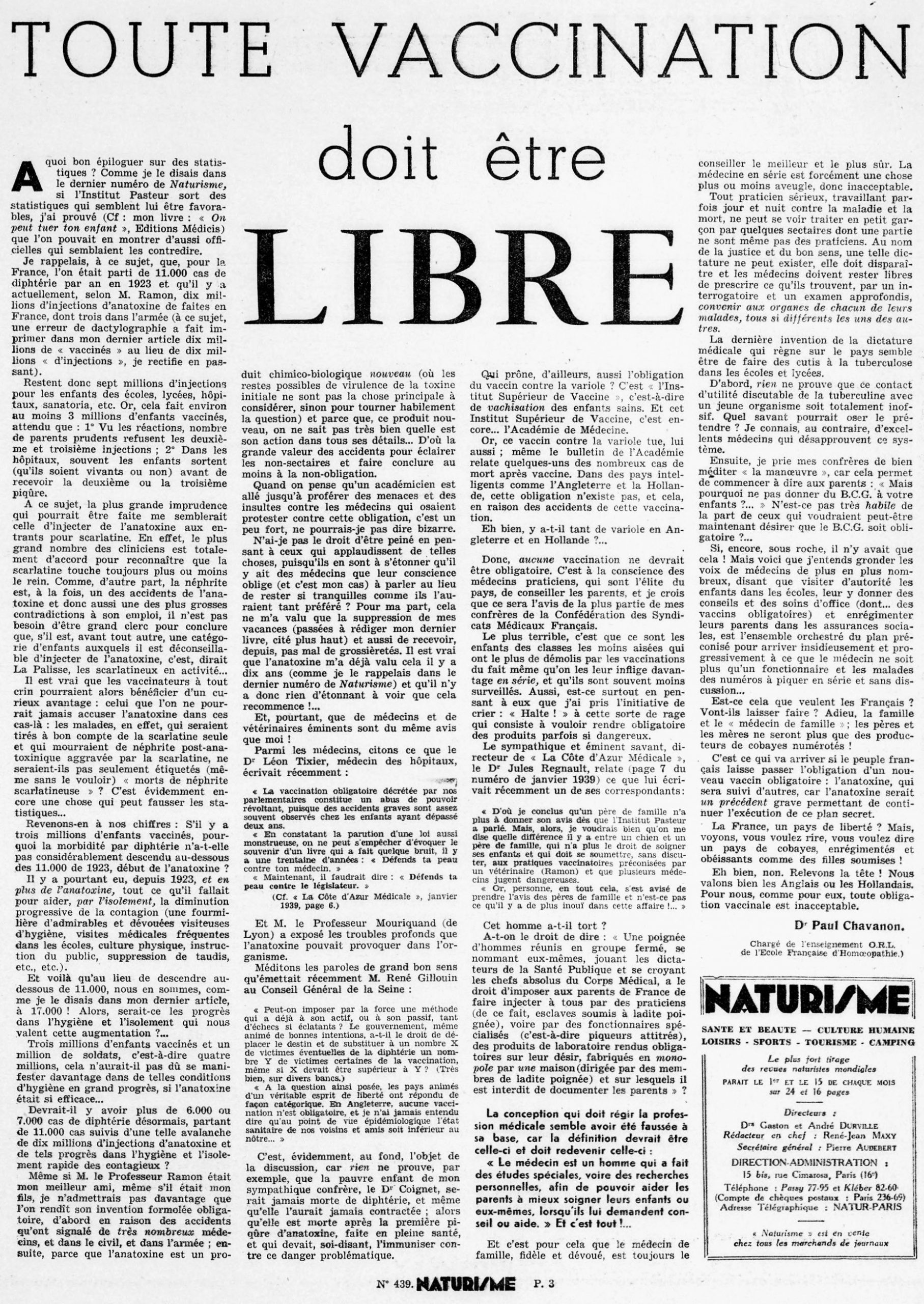 Naturisme vaccination obligatoire 1939